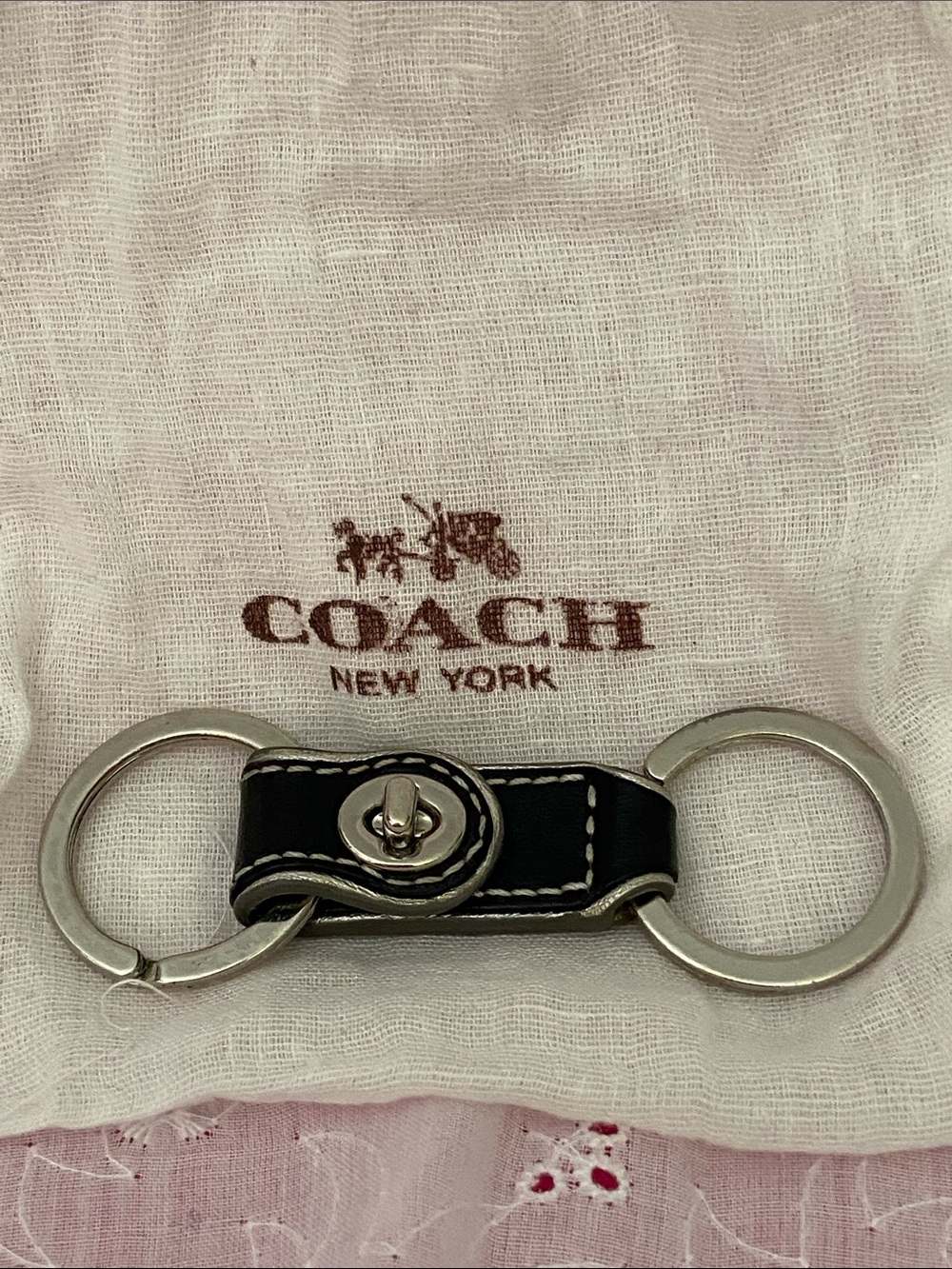 Coach Black Leather Double Key Ring with Silver-Tone Turn Lock keychain